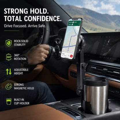 ⭐HOT SALE🧲Car Cup Holder Phone Mount – 360° Adjustable, Strong N52 Magnet, One-Hand Operation